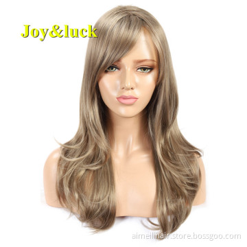 Wholesale Price Long Blonde Mix Brown Color Party Natural Wave Wigs for Women With Bangs Cosplay Wig Style Synthetic Hair Wigs